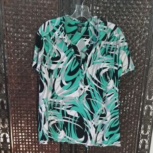Alfani Short Sleeve Abstract Button-Front Blouse Green Black Grey White OX